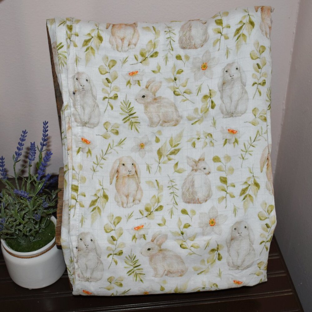 Spring Bunny Rabbit Flowers Leaves Nursery Swaddle Muslin Baby Blanket